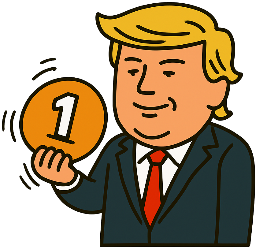 Cartoon of a blonde man shaking a coin marked 1